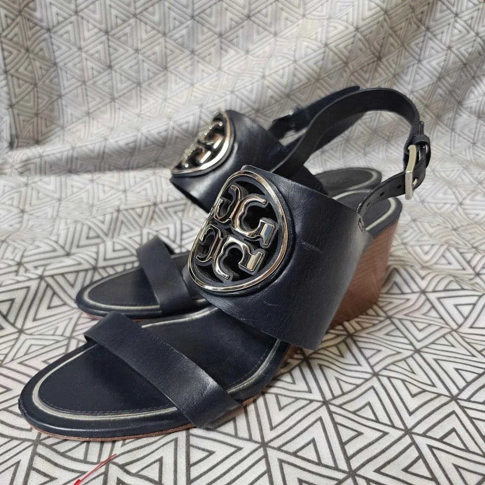 Tory Burch Metal Miller Leather Wedge Sandals Navy Blue Silver Size 8.5
